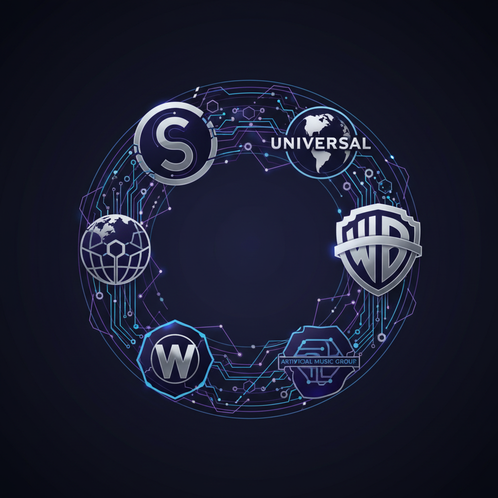 A conceptual illustration depicting various famous record label logos (Sony Music, Universal Music Group, Warner Music Group) converging with abstract AI network symbols, forming a collaborative circle. The style is modern and professional, indicating partnership and technological advancement in the music industry. No text.
