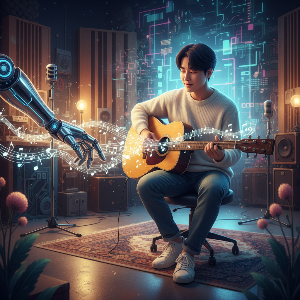 A surreal yet engaging illustration showing a robotic arm with musical notes flowing from it, subtly interacting with a human artist (Korean male) who is playing a guitar. The background is a blend of digital patterns and traditional music studio elements, symbolizing the co-existence and interaction between AI and human artistry in music creation. The lighting is soft and artistic. No text.