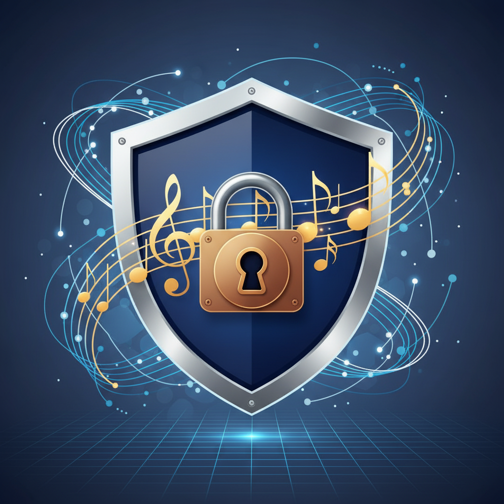 An abstract, symbolic illustration of copyright protection in the music industry. A shield icon prominently features musical notes and a padlock, surrounded by digital lines representing AI technology. The color scheme is professional and reassuring, emphasizing security and fair usage in the digital age. No text.
