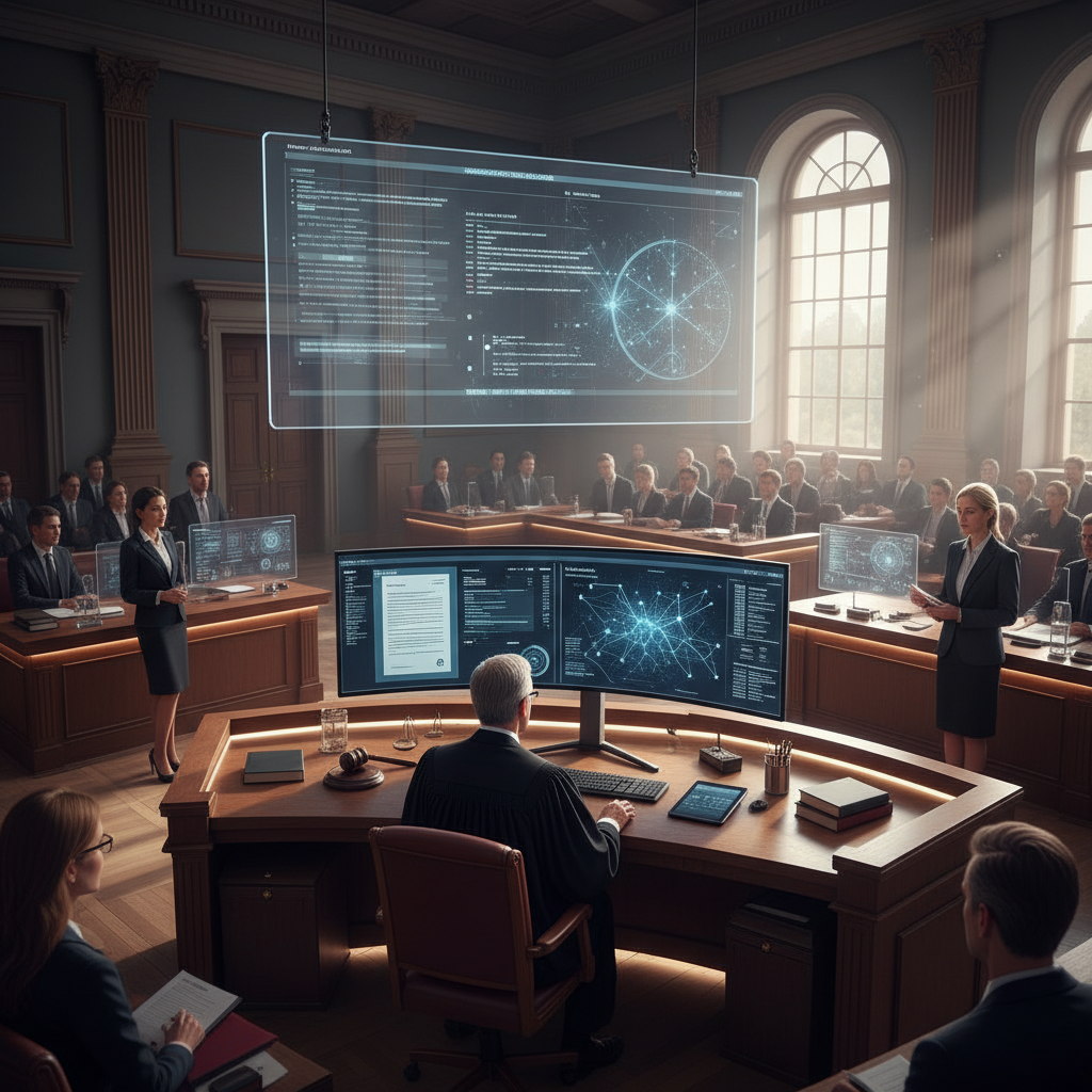A professional courtroom scene with a judge reviewing documents on a computer screen, modern legal technology integration, natural lighting, realistic atmosphere showing the intersection of traditional law and AI technology, no text