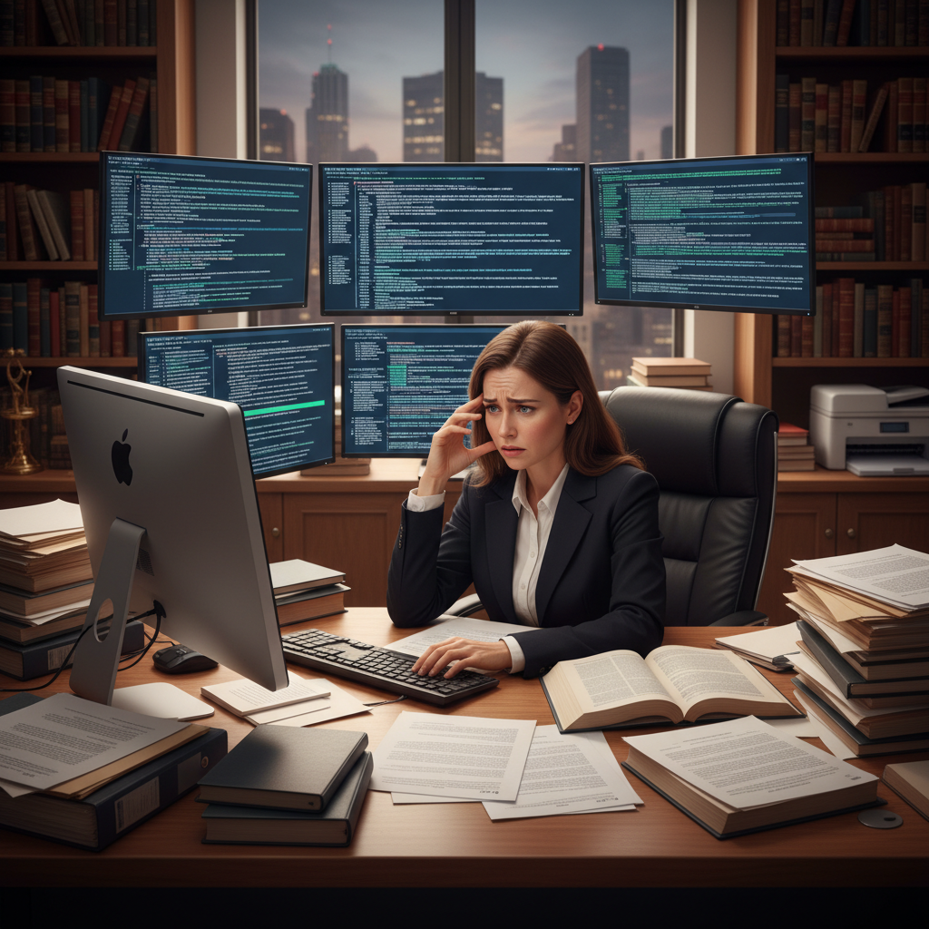 A lawyer at a desk surrounded by legal documents and computer screens showing AI-generated text, concerned expression, modern law office setting with books and technology, professional lighting, no text