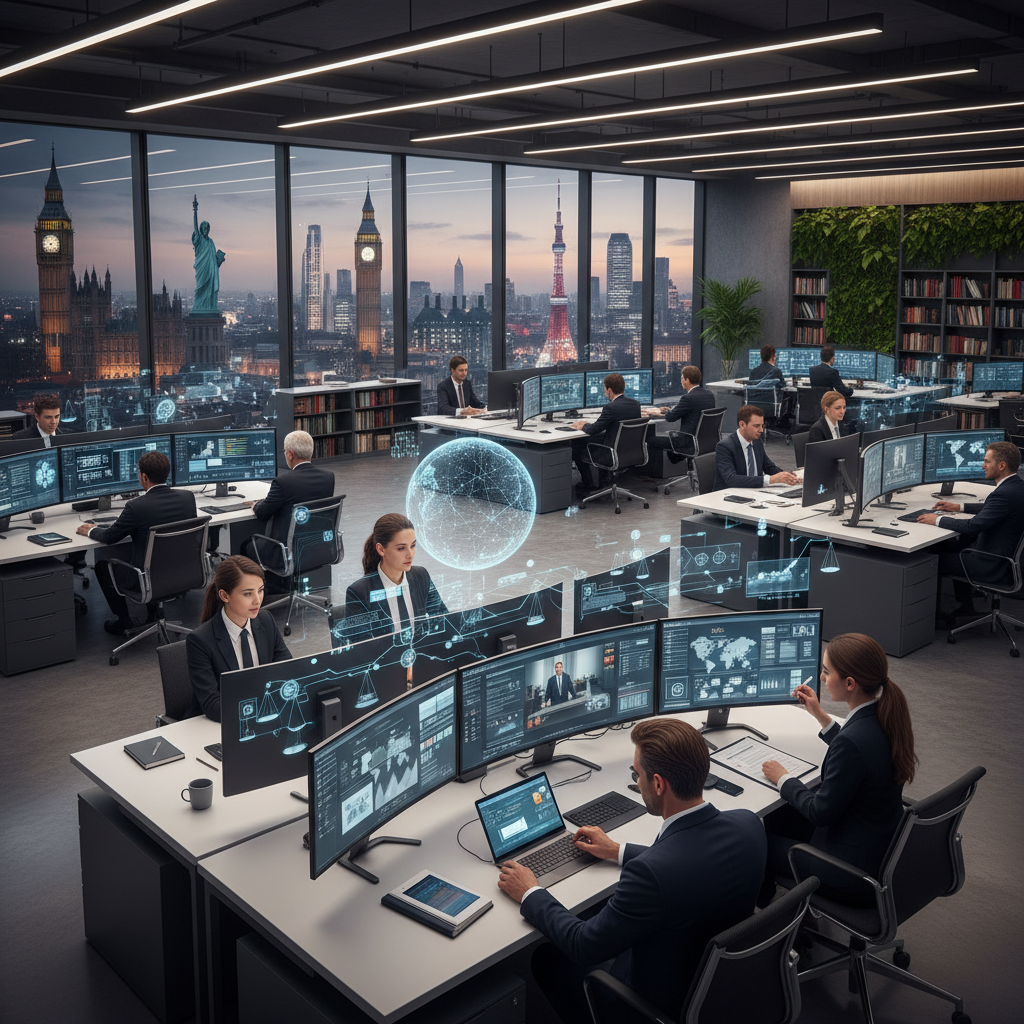 Global law firms with lawyers using AI technology, multiple screens showing legal research tools, international legal environment, modern office spaces with diverse legal professionals, professional atmosphere, no text