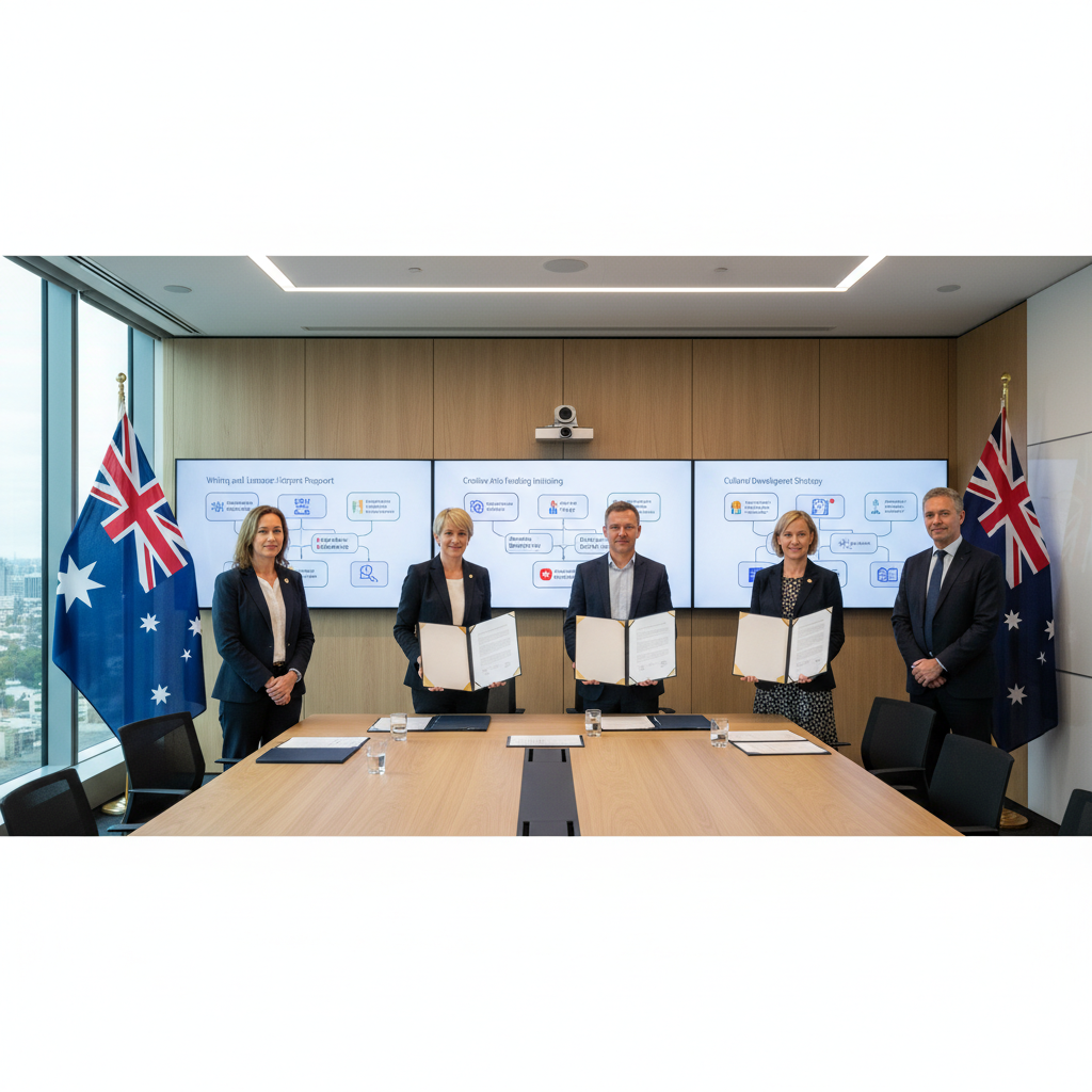 Professional government announcement scene with officials presenting literary support strategy documents, modern conference room setting with Australian flags, clean presentation boards showing writing and literature support programs, natural lighting, no text