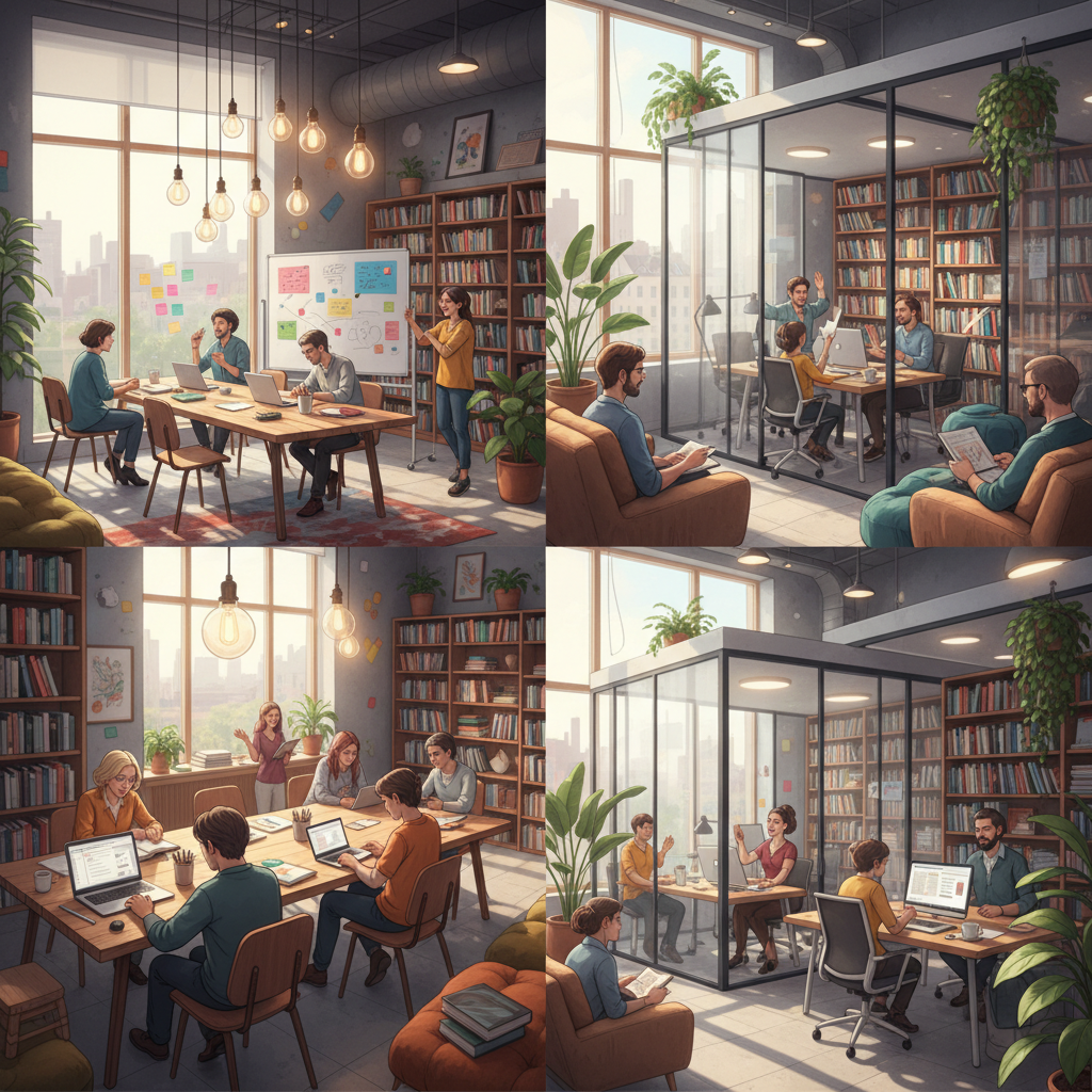 Diverse group of writers and illustrators working in modern creative spaces, including libraries, writing residences, and collaborative workshops, warm lighting, inspiring atmosphere showing community support, no text