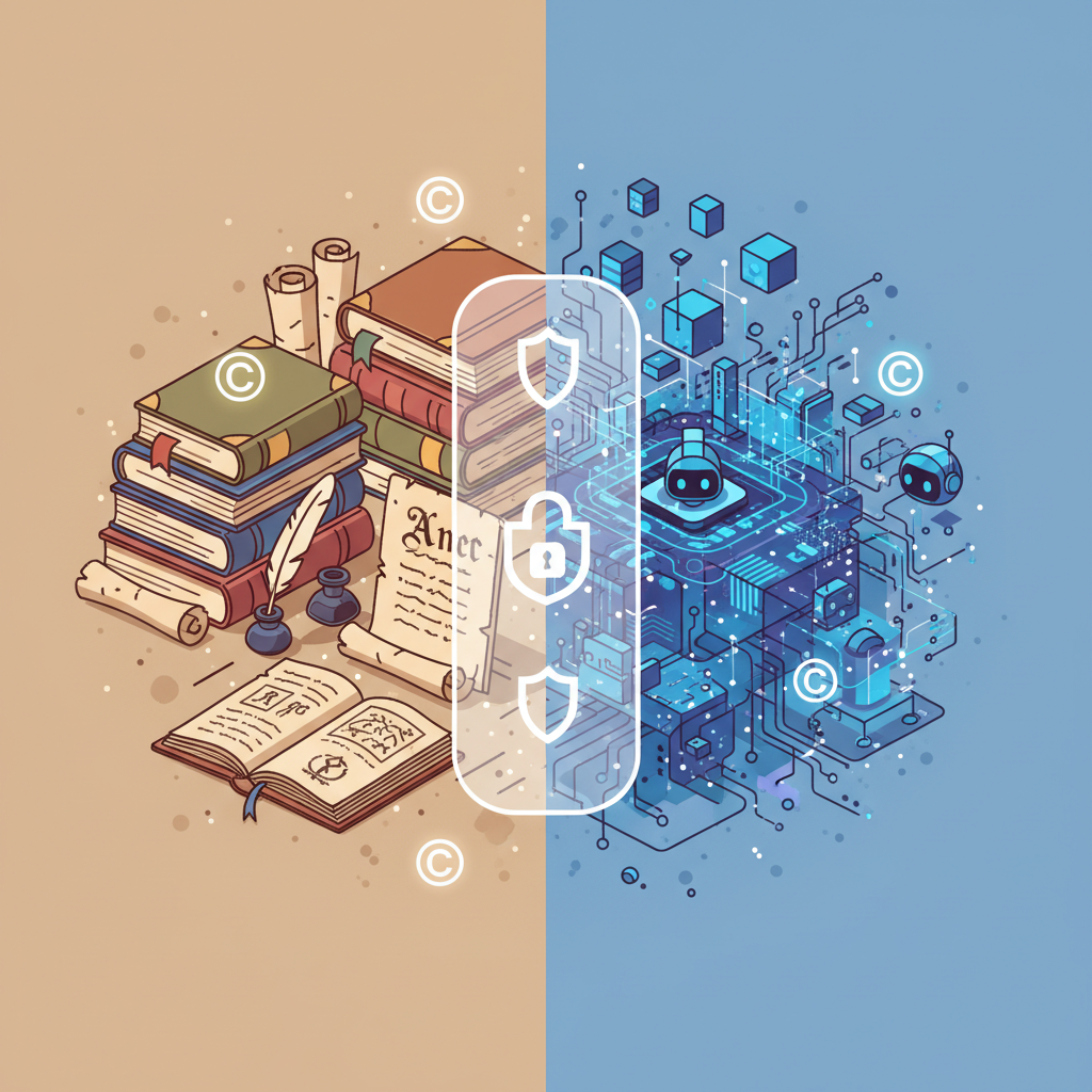 Split-screen illustration showing traditional books and manuscripts on one side, digital AI networks on the other, with protective barriers and copyright symbols, clean infographic style, professional lighting, no text
