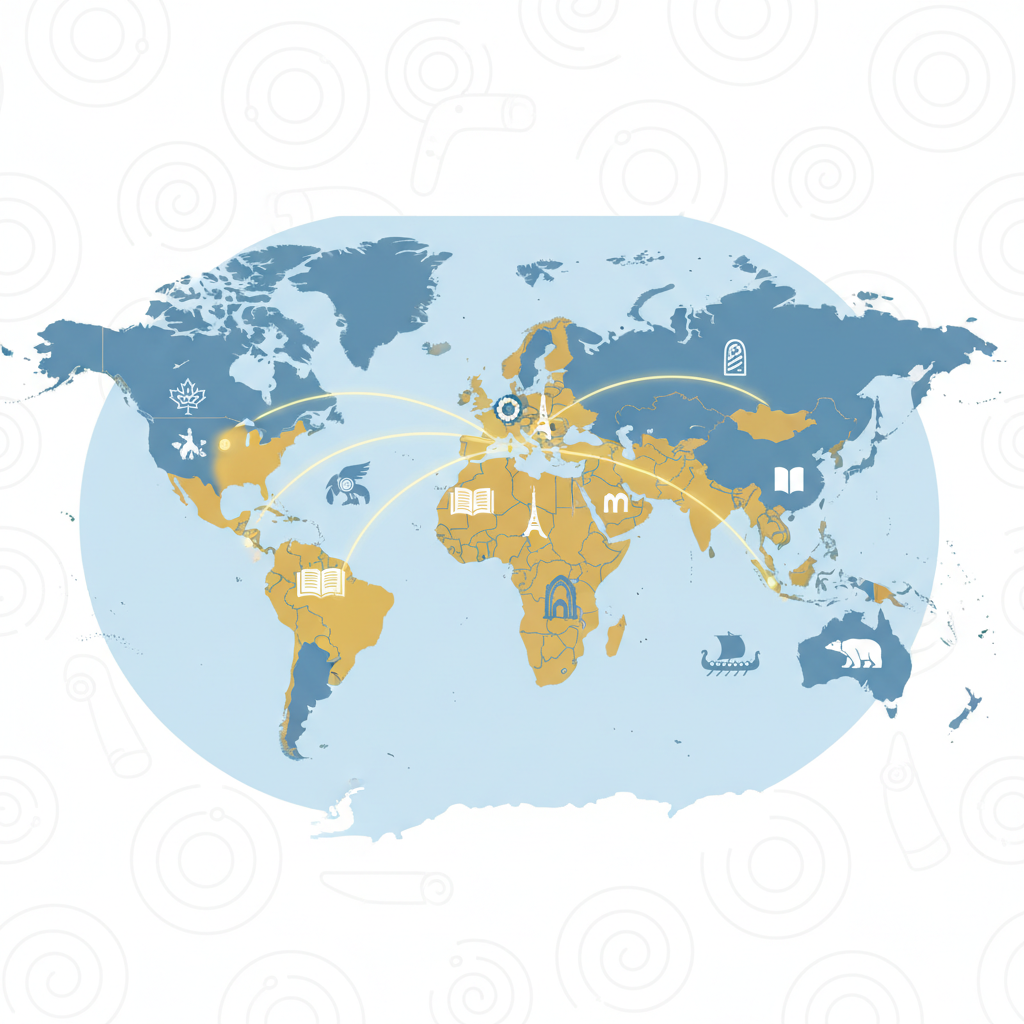 World map highlighting countries with literature support programs, showing connections between Australia, Canada, Germany, France and Scandinavian nations, clean infographic design with cultural symbols, no text