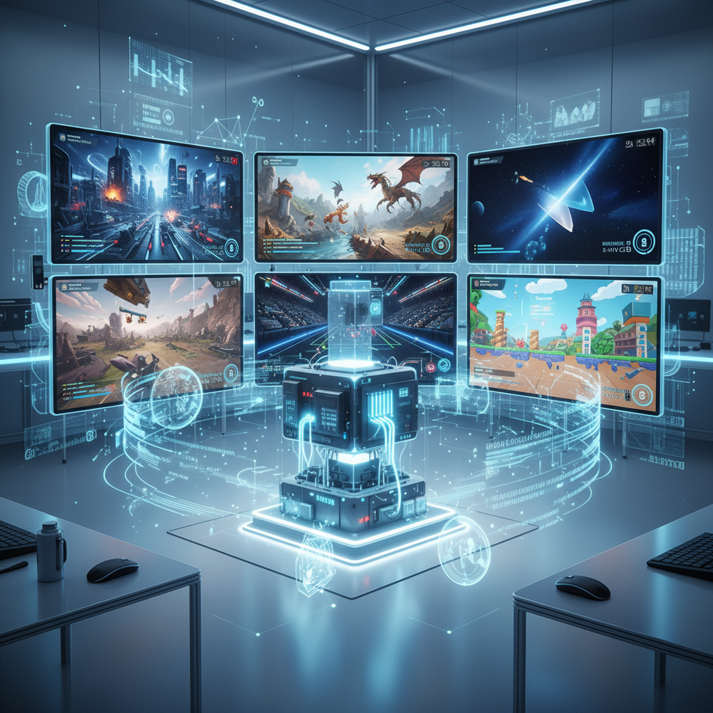 A futuristic AI system analyzing multiple gaming screens showing different video game environments, with data streams and spatial reasoning visualizations floating around the monitors. Clean tech laboratory setting with blue and white lighting, no text.