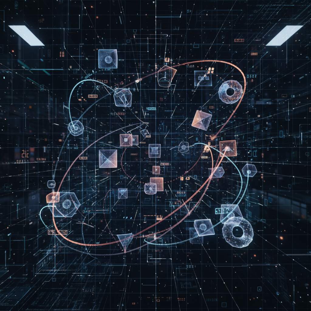 Abstract visualization of spatial-temporal reasoning showing objects moving through 3D space with trajectory lines and time sequences. Futuristic holographic interface with geometric shapes, particles, and motion paths in a dark tech environment, no text.