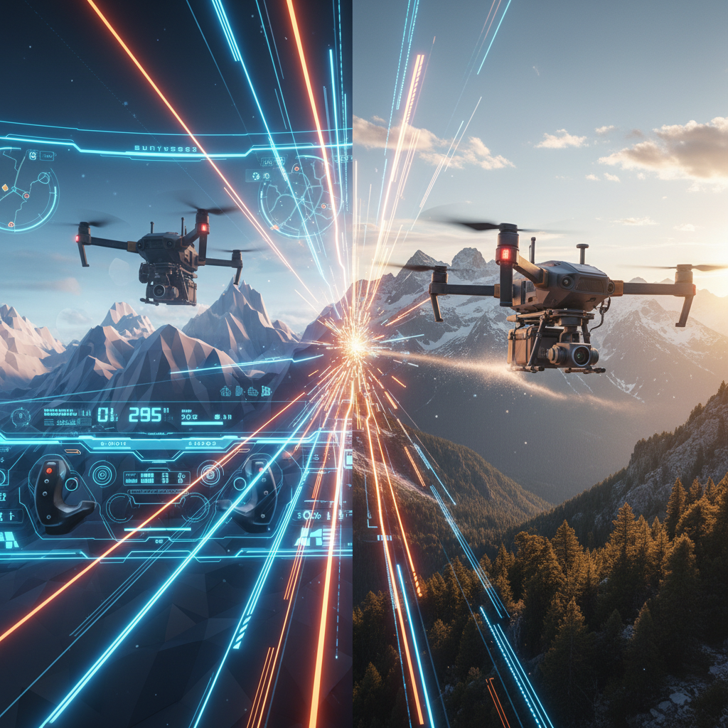 Split screen showing a gaming interface on the left transitioning to a real rescue drone flying through mountainous terrain on the right. Seamless technology transfer visualization with connecting data streams, realistic lighting, no text.
