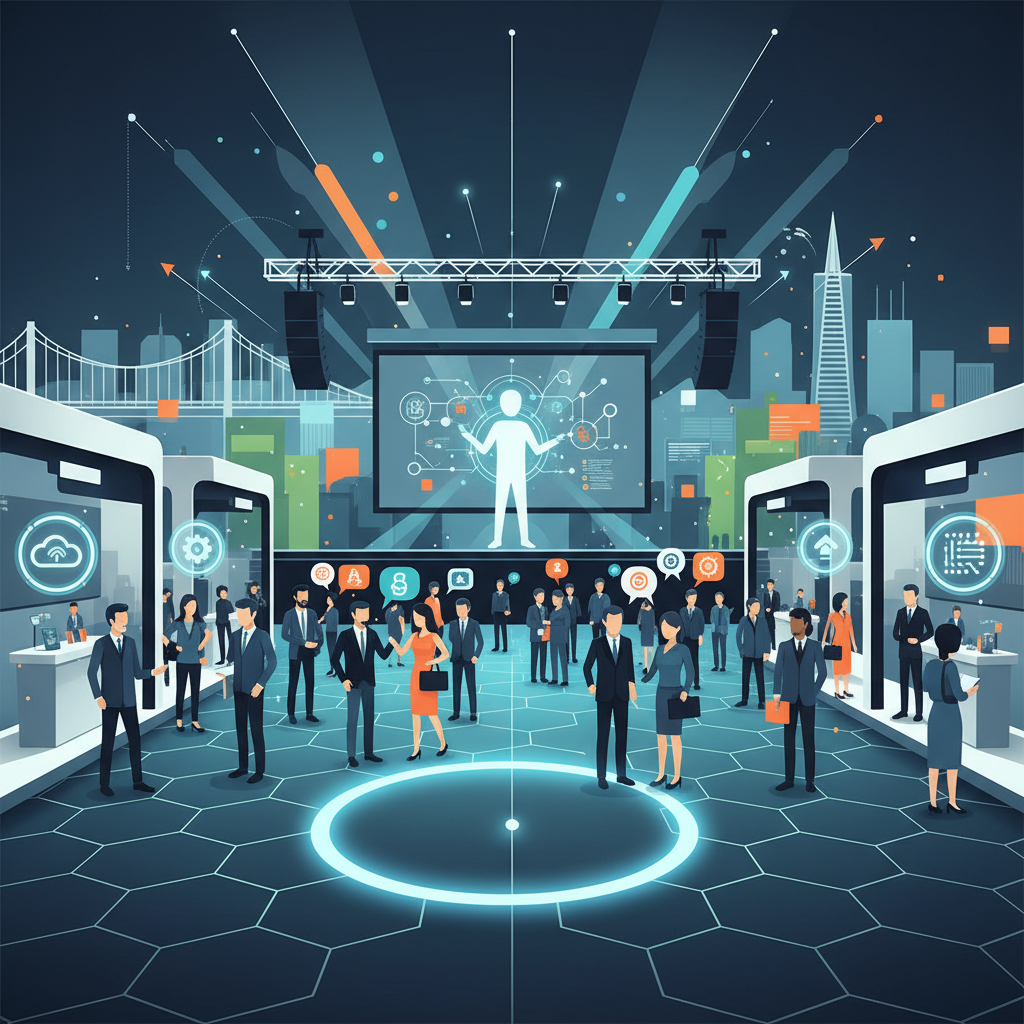 A bustling tech conference hall in San Francisco, with diverse attendees networking, a stage with a speaker, and exhibit booths. The atmosphere is energetic and innovative. Focus on a modern, clean infographic style. No text.
