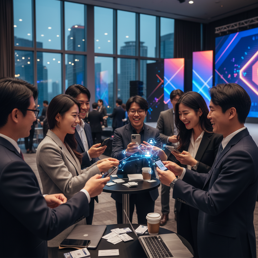 A diverse group of Korean professionals, including founders and investors, engaged in lively conversations at a tech conference. They are exchanging business cards and using a mobile app. Emphasize interaction and connection. Lifestyle photography. No text.