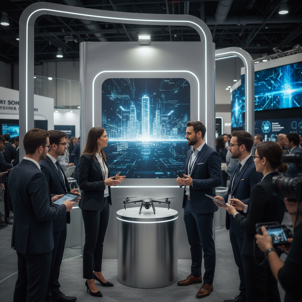 A sleek and modern startup exhibit booth at a tech conference, showcasing an innovative product or service. Founders are engaging with potential investors and media. Dynamic and professional lifestyle photography. No text.