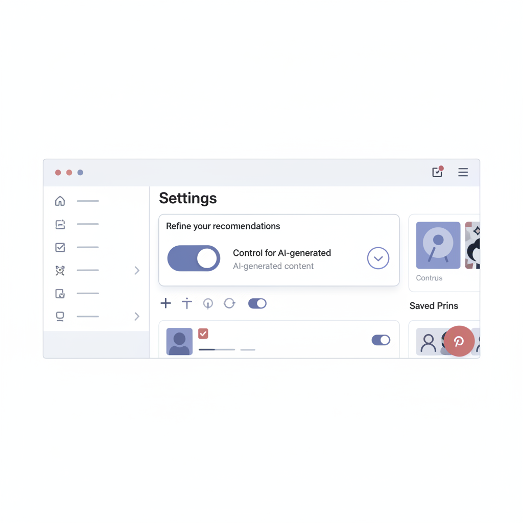 A clean infographic showing Pinterest's settings menu with a focus on "Refine your recommendations" for limiting AI-generated content. User interface elements are clear and modern. No text, clean design.