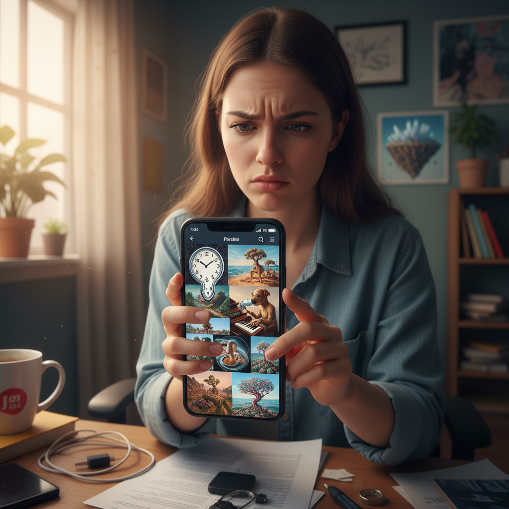 A user looking frustrated while scrolling through a Pinterest-like feed filled with slightly off-kilter, clearly AI-generated images. The atmosphere is somewhat chaotic. Lifestyle photography, natural lighting, no text.