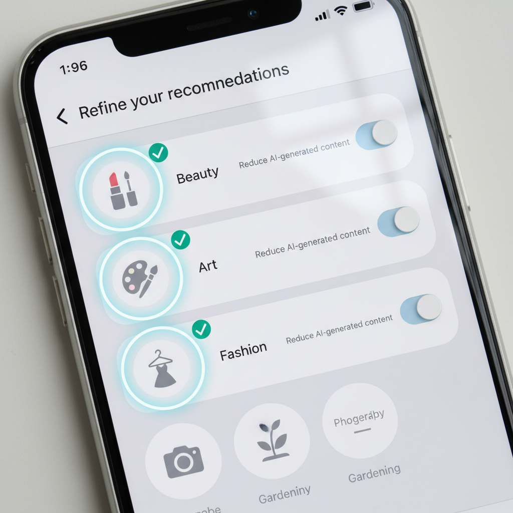 A close-up of a smartphone screen showing the Pinterest app's "Refine your recommendations" settings. Specific categories like "Beauty," "Art," and "Fashion" are highlighted with options to reduce AI-generated content. Clean, modern UI, no text.