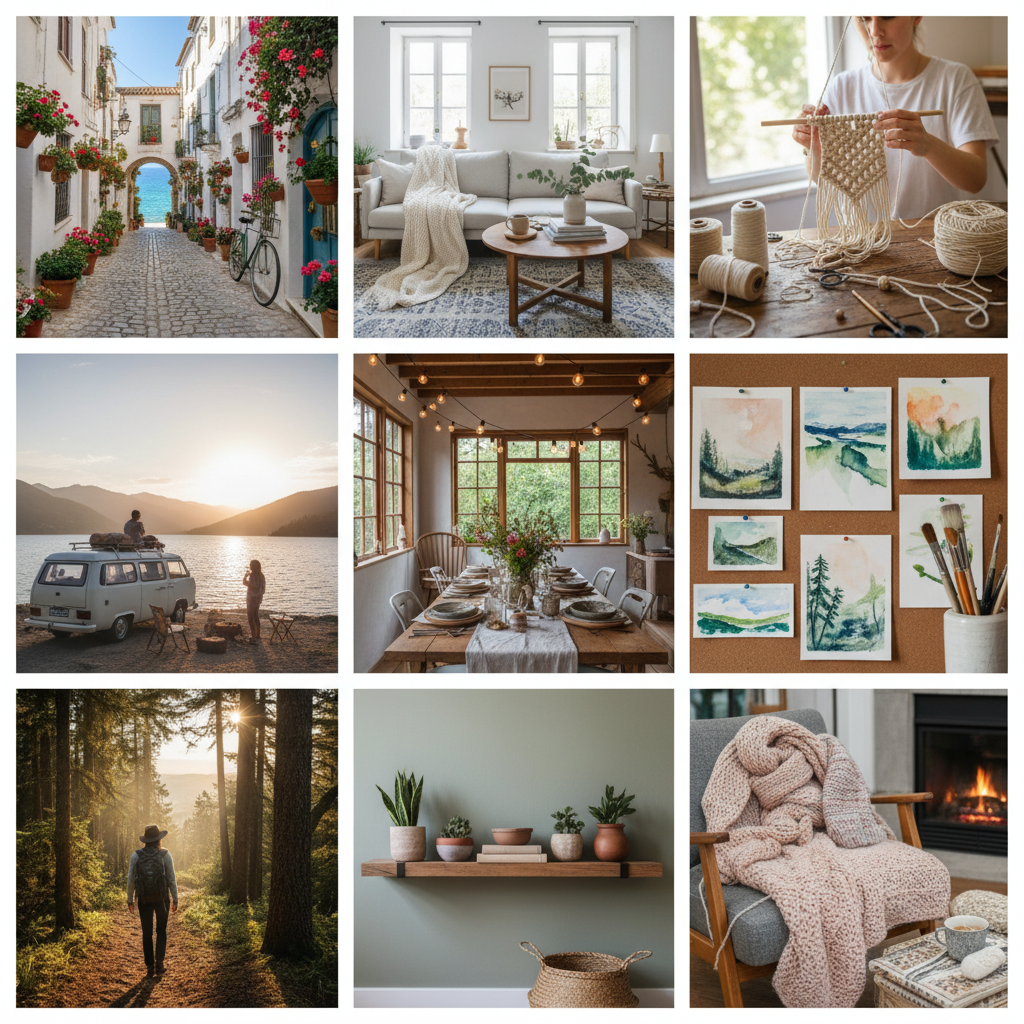 A beautifully curated Pinterest-like feed, devoid of 'AI slop', showing diverse, high-quality images related to personal interests like travel, home decor, and crafts. The overall impression is inspiring and authentic. Lifestyle photography, bright and natural lighting, no text.