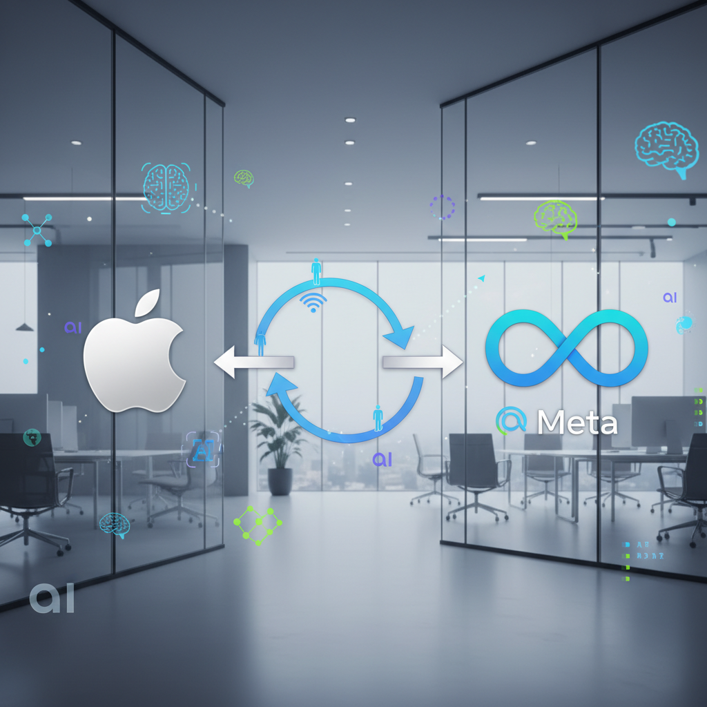 A professional business illustration showing Apple and Meta company logos with arrows indicating talent movement between companies. Modern office environment background with AI technology symbols. Clean corporate style, no text.