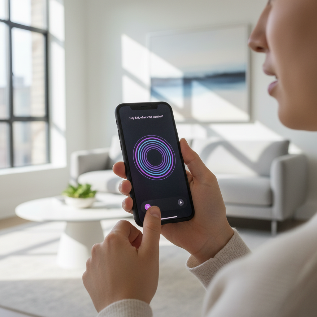 A person using Siri voice assistant on iPhone in a modern home setting. Natural lighting, lifestyle photography showing hands holding smartphone with Siri interface visible. Clean, minimalist background, no text.