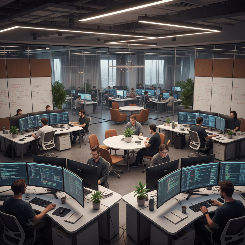 Modern AI research lab with developers working on computers, showing collaborative workspace with multiple monitors displaying code and AI models. Professional lighting, tech startup atmosphere, diverse team, no text.