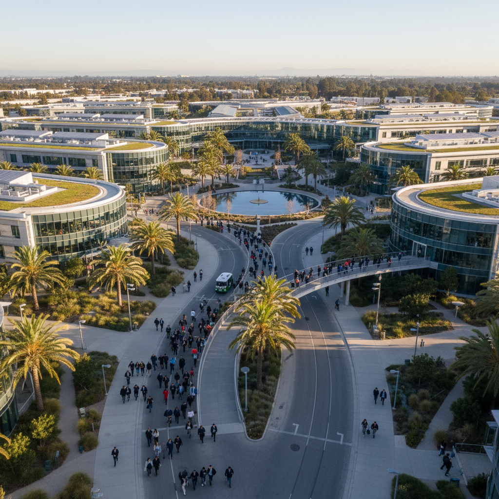 Silicon Valley tech campus aerial view showing multiple company buildings with professionals walking between them. Modern architecture, sunny California atmosphere, representing talent mobility in tech industry, no text.