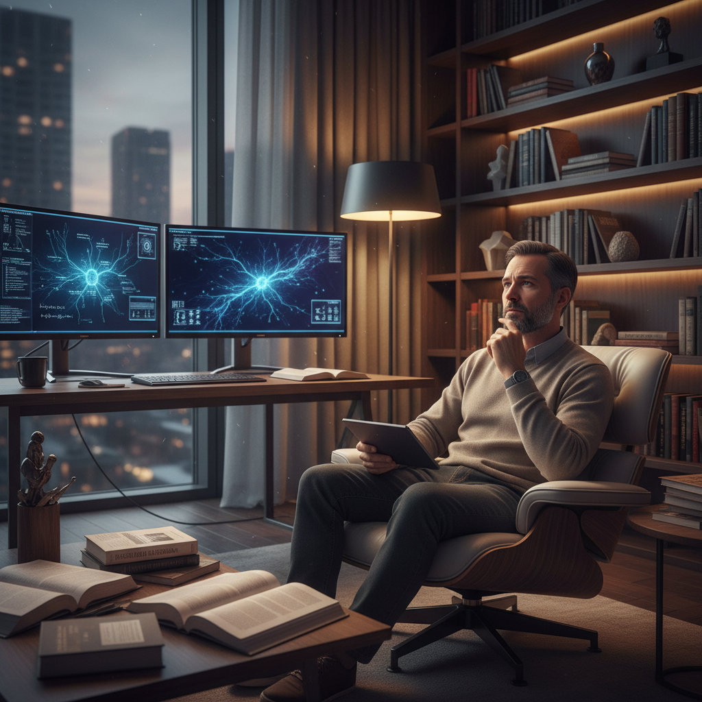 A thoughtful philosopher in a modern study room contemplating artificial intelligence concepts, with books and computer screens showing neural networks in the background. Warm lighting, contemplative atmosphere, no text.