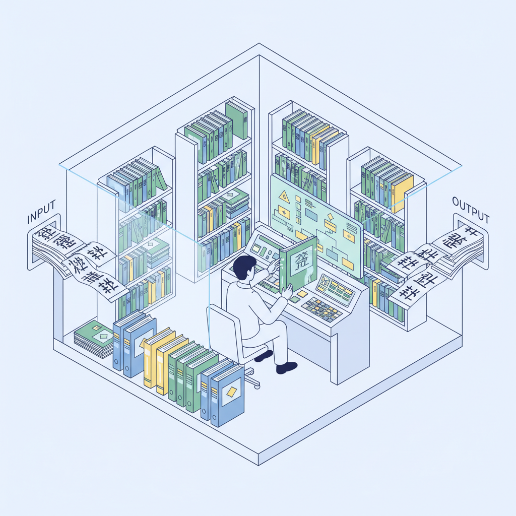 Clean infographic illustration showing the Chinese Room argument concept, with a person in a room processing Chinese characters using rule books, split view showing input and output. Modern educational style, clear visuals, no text.