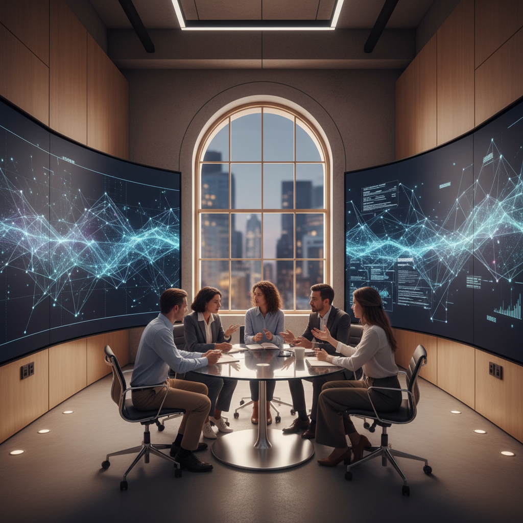 Modern AI research laboratory with neural network visualizations on screens, researchers discussing philosophical implications of artificial intelligence. Contemporary setting with warm lighting, thoughtful atmosphere, no text.