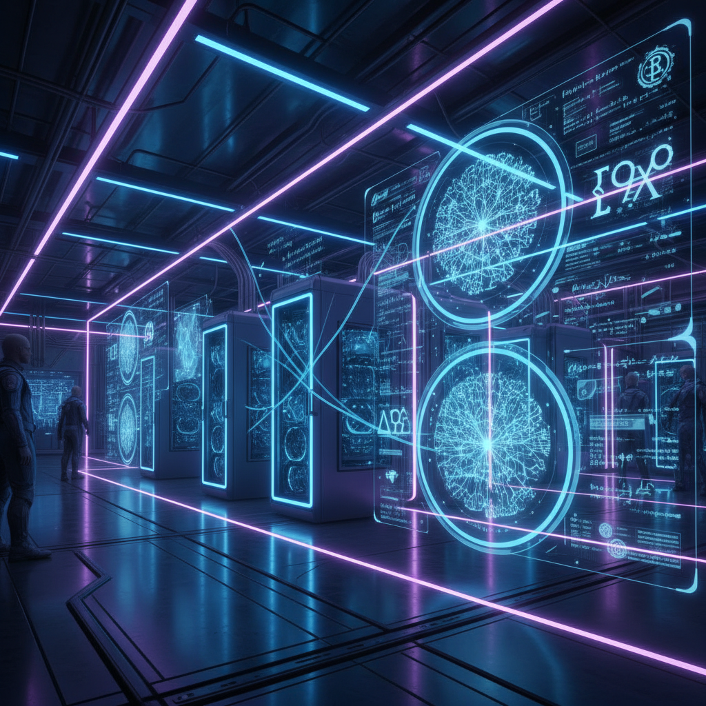 Futuristic AI laboratory showing quantum computers and neuromorphic chips, with philosophical symbols and equations floating in holographic displays. Sci-fi aesthetic with blue and purple lighting, no text.