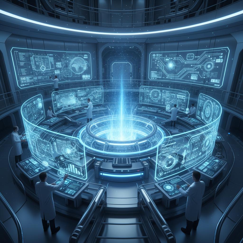 A futuristic fusion reactor facility with glowing plasma core surrounded by advanced AI control systems, scientists working with holographic displays, clean energy atmosphere, modern industrial setting, bright blue and white lighting, no text