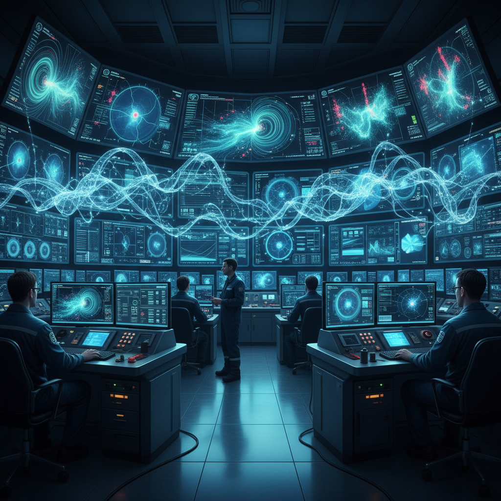 Complex control room with multiple screens showing plasma data, AI algorithms visualized as flowing data streams, engineers monitoring fusion reactor parameters, high-tech environment with blue and green displays, professional atmosphere, no text
