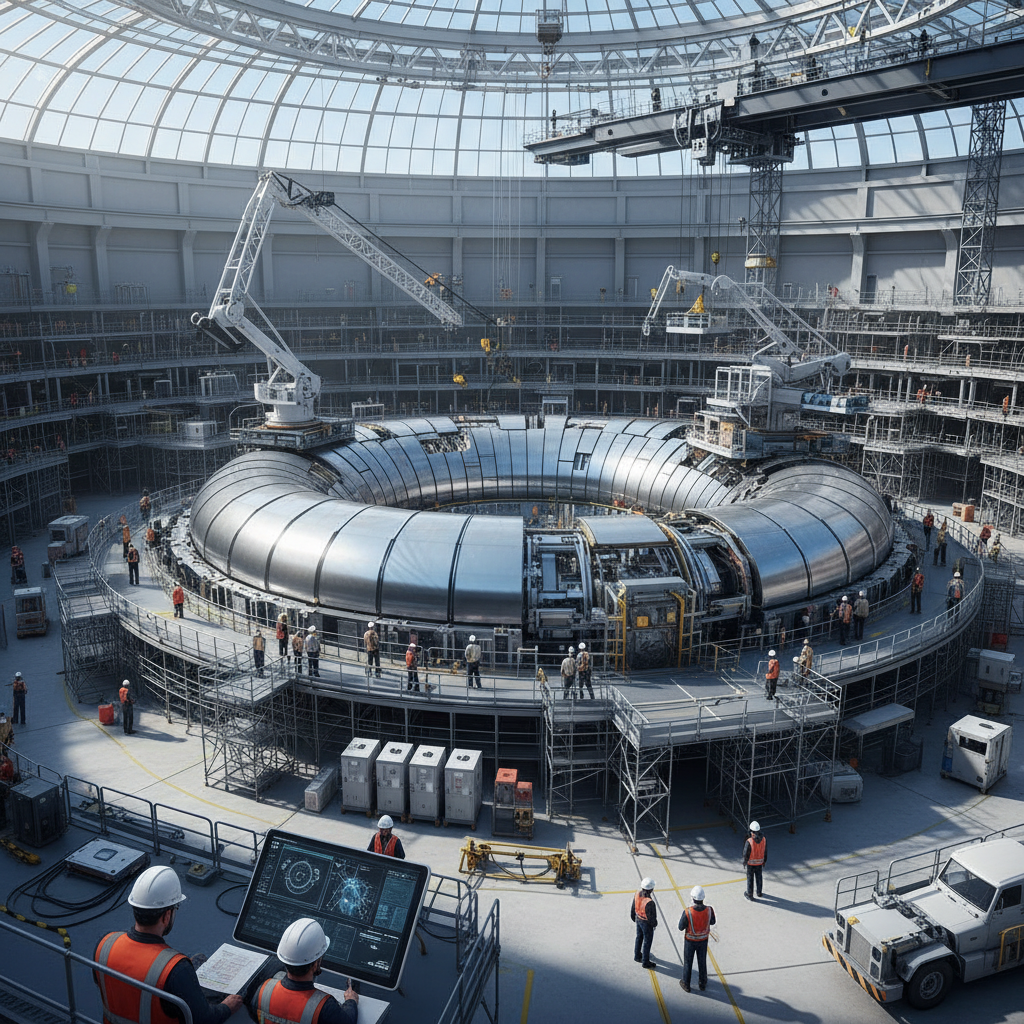 Modern fusion reactor construction site with large cylindrical structure, construction workers and engineers, advanced industrial equipment, progress showing 2/3 completion, clean energy facility atmosphere, natural lighting, no text
