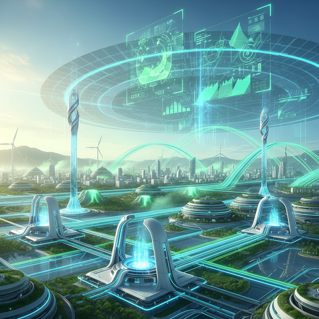 Futuristic clean energy landscape with fusion power plants connected by glowing energy networks, AI visualization elements, sustainable city in background, bright optimistic atmosphere, green and blue color scheme, no text