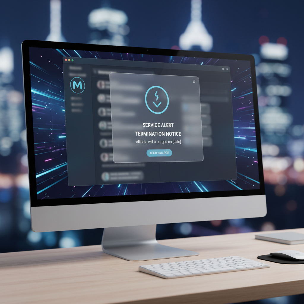 A clean computer desktop showing a Messenger app notification about service termination, with modern interface elements and notification popup. Professional lighting, no text in image.