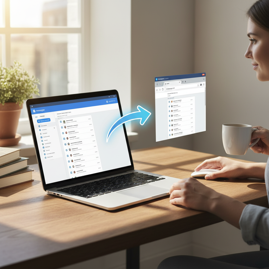 A person using Messenger on a laptop computer, showing transition from desktop app to web browser version. Modern workspace setting with natural lighting, lifestyle photography style.
