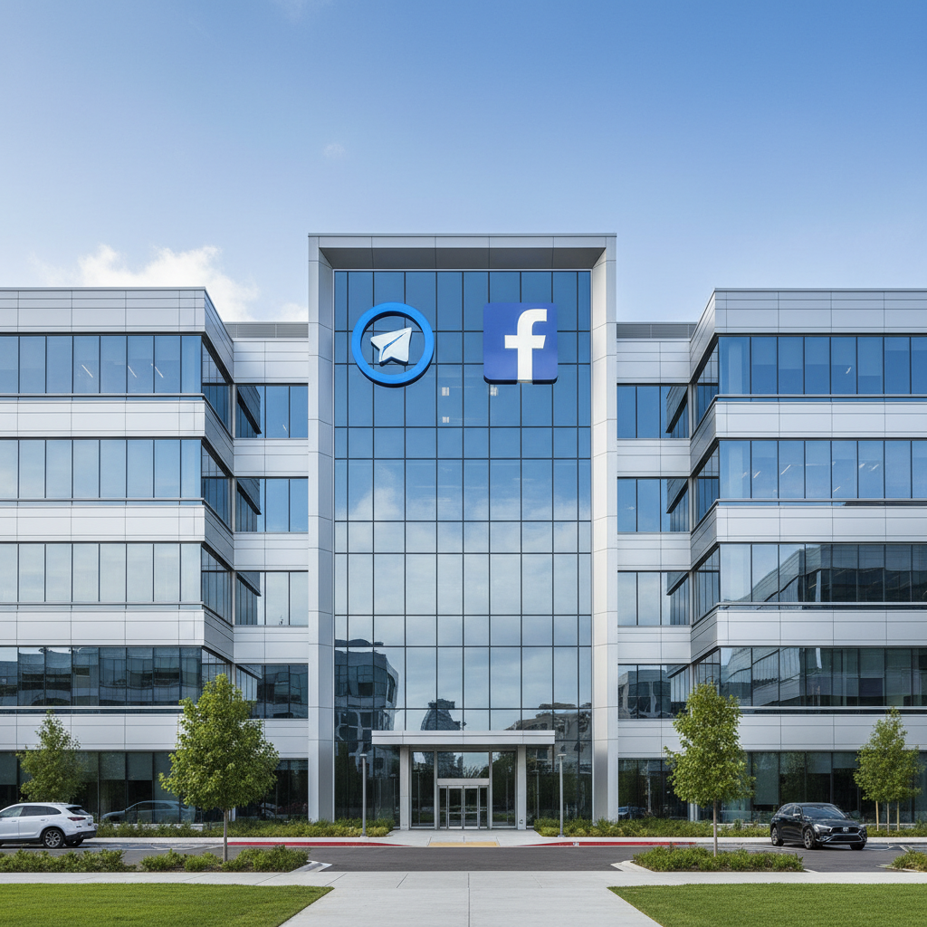 Meta company headquarters building with Messenger and Facebook logos visible, corporate environment with professional lighting and modern architecture. Clean business photography style.