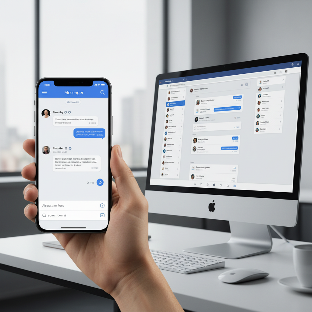 Split screen showing smartphone and computer both displaying Messenger interface, emphasizing mobile-first strategy. Modern tech setup with clean lighting and contemporary design.