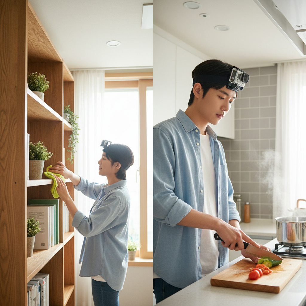 A Korean person wearing a GoPro camera on their forehead, performing daily activities like cooking or cleaning, capturing detailed visual data. The scene should be bright and natural, reflecting a lifestyle photography style. No text.