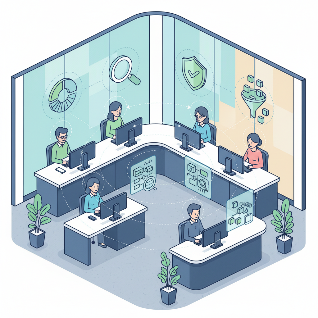 A diverse group of Korean data specialists meticulously curating and selecting high-quality datasets on computer screens, emphasizing focus and precision. The setting is a modern, collaborative office environment with natural lighting. Style: clean infographic focusing on data quality. No text.