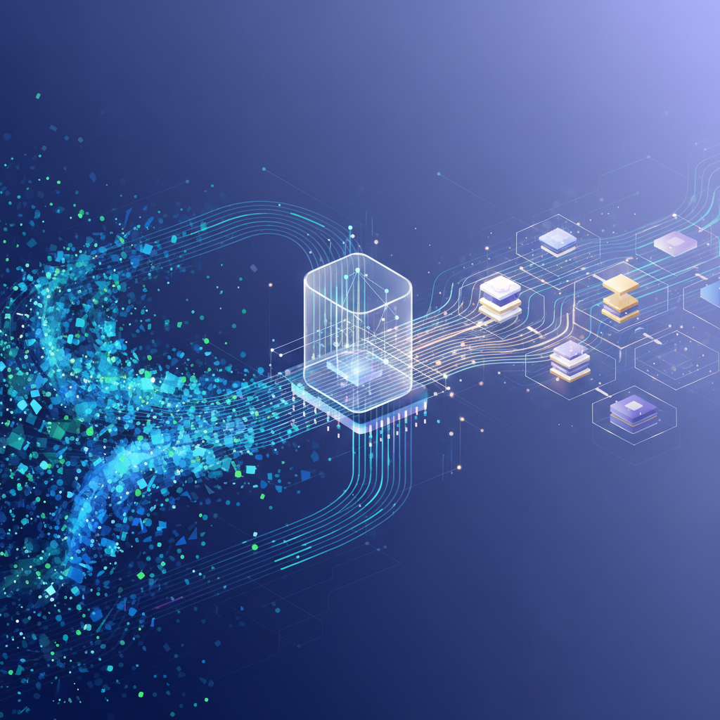 An abstract visual representation of synthetic data generation. Digital streams of data transforming into structured, high-quality information. Focus on clean lines and a sense of intelligent processing. Style: sleek infographic. No text.