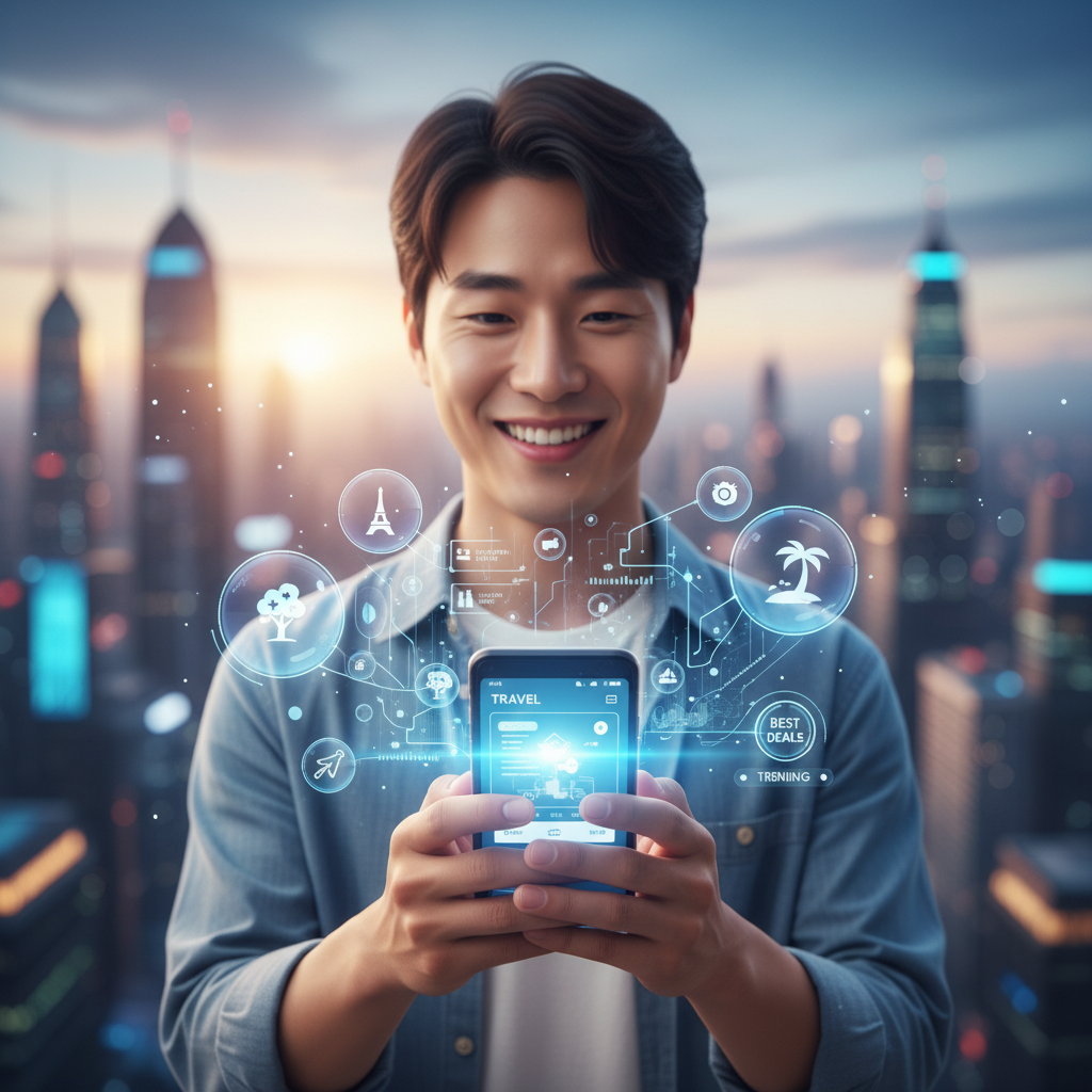 A Korean person happily using a travel app on a smartphone, with AI-like interface elements floating around, suggesting destinations and deals. Bright and futuristic atmosphere, clean infographic style, no text in image.