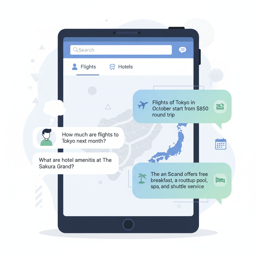 A user interacting with an AI chatbot interface on a travel website, asking questions about flight prices and hotel amenities. The chat bubbles show smart, contextual responses. Clean infographic style, no text in image.