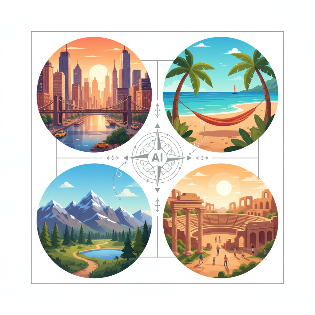 A collage of diverse travel destinations (cityscape, beach, mountains, historical site) arranged around a central AI assistant icon, symbolizing personalized travel recommendations. Vibrant and inviting, illustration style, no text in image.
