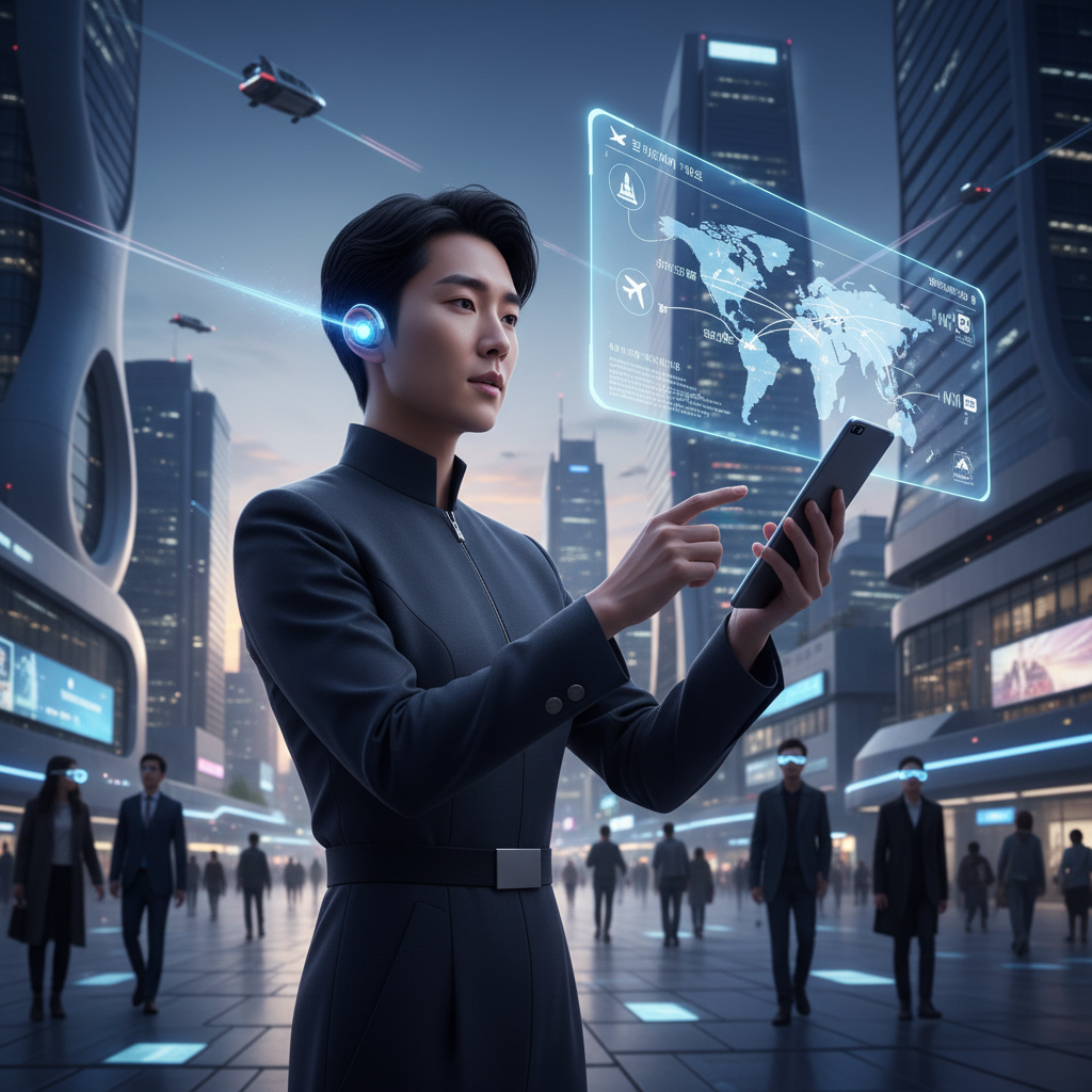A Korean person speaking into a futuristic device or wearing smart earbuds, with holographic travel interfaces appearing in front of them, showing voice-activated travel planning. Futuristic, lifestyle photography, no text in image.