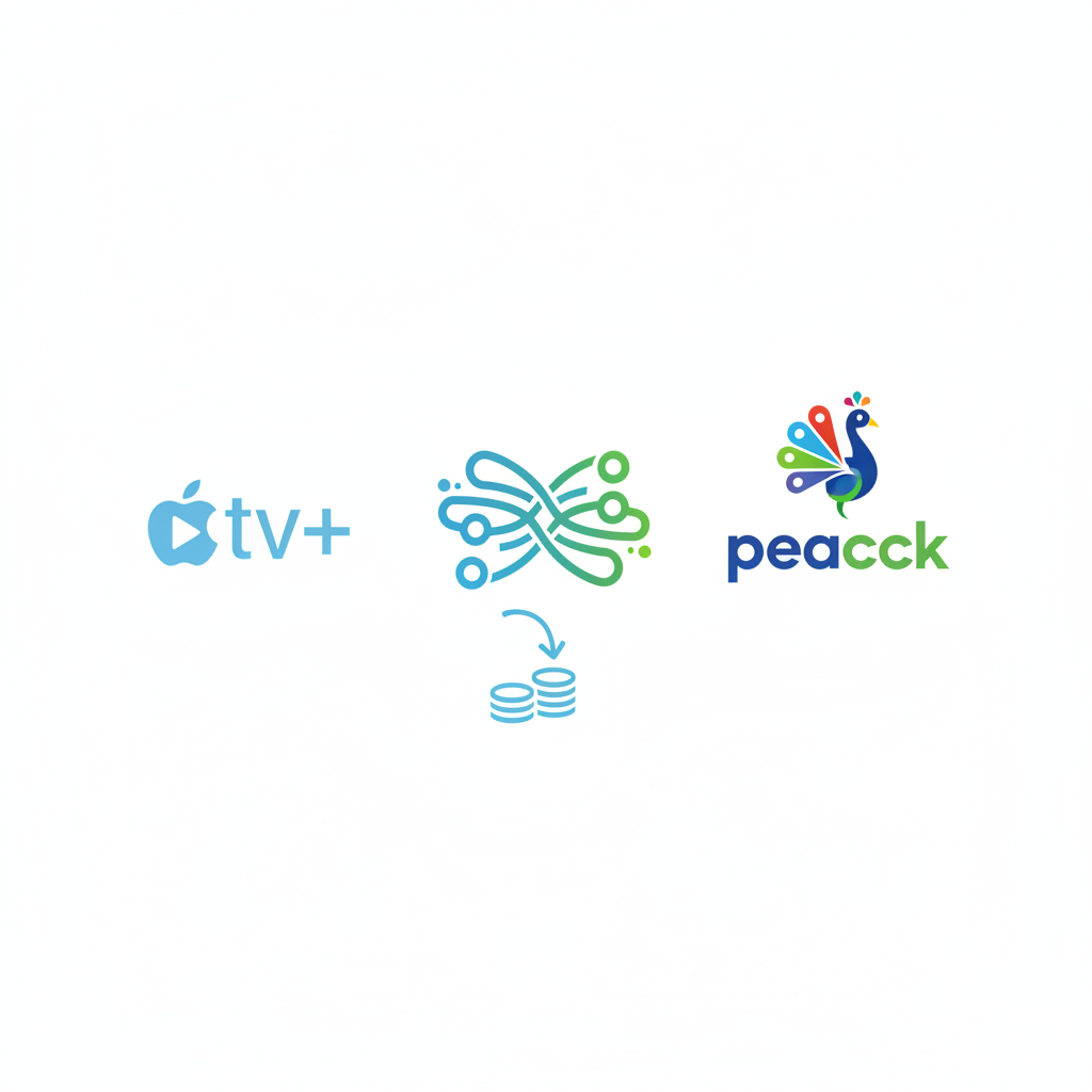 A clean infographic showing the Apple TV+ logo and Peacock logo side-by-side, connected by a symbolic bundle element. Emphasize streaming services and cost savings. No text.