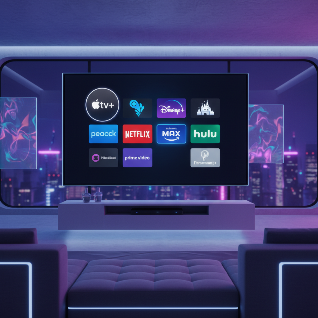 A modern TV screen displaying various streaming service app icons like Apple TV+, Peacock, Netflix, Disney+, all vibrant and arranged neatly. The background is a subtle, futuristic living room. No text.