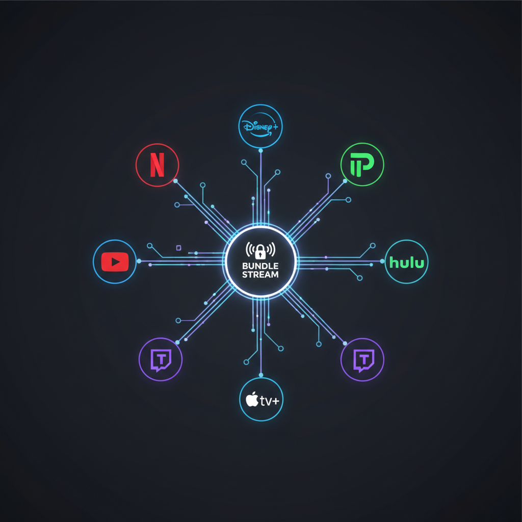 A complex yet clear infographic depicting various streaming platforms interconnected by data streams, symbolizing a bundled subscription service. Use subtle glowing lines and modern icons. No text.