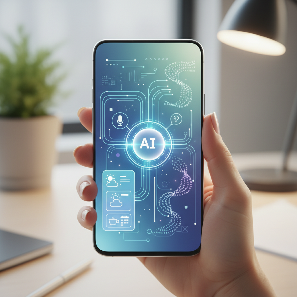 A modern smartphone screen displaying various AI-driven features like a personal assistant, smart suggestions, and generative text. The phone is held by a Korean hand. Clean infographic style. No text.
