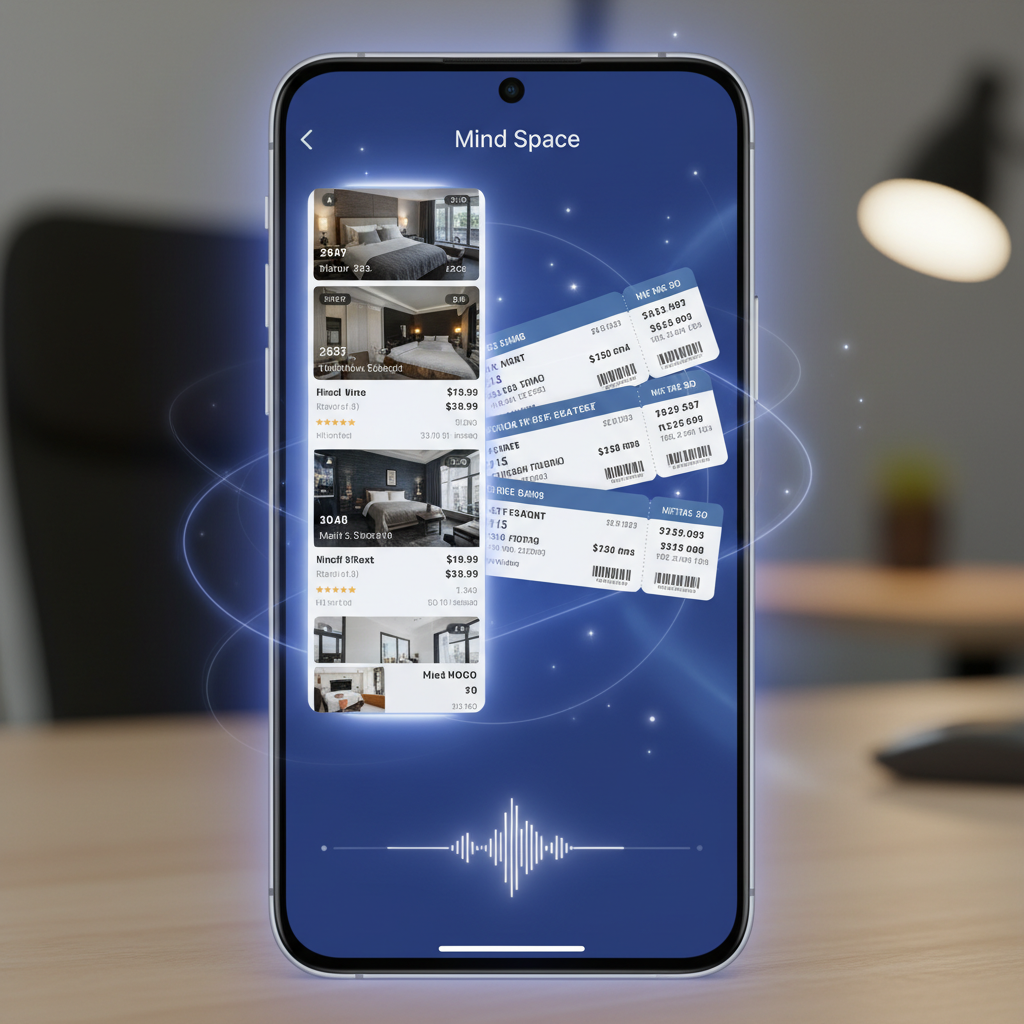 A smartphone screen showing a Mind Space interface, with multiple types of data (scrolling screenshots of hotel listings, airplane tickets, a voice memo waveform) being collected and organized. Clean, modern design with a subtle AI glow. No text.