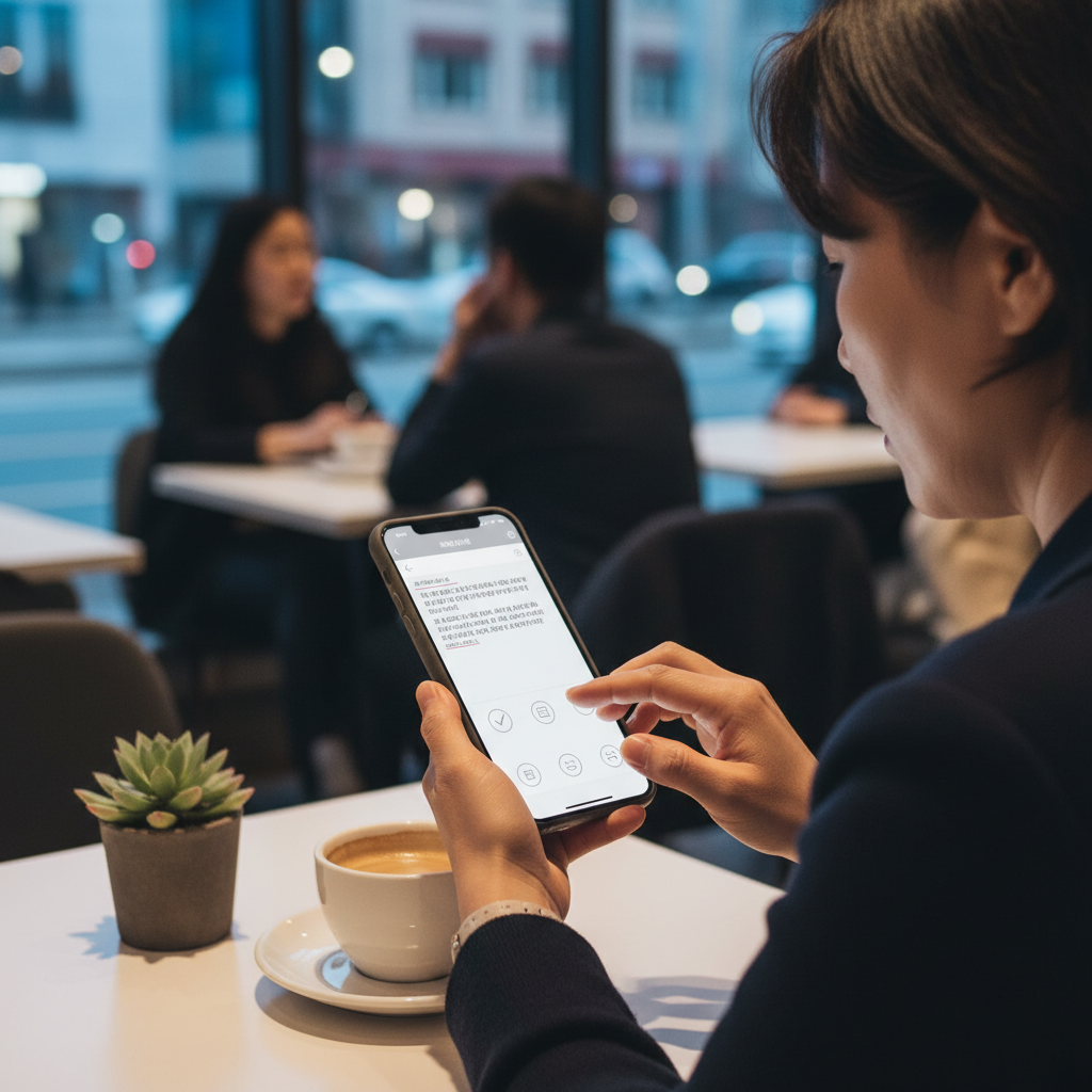 A Korean user interacting with a smartphone screen, which displays a text editing app with AI suggestions for proofreading, summarizing, and adjusting tone. The user's hand is visible, typing. Lifestyle photography. No text.
