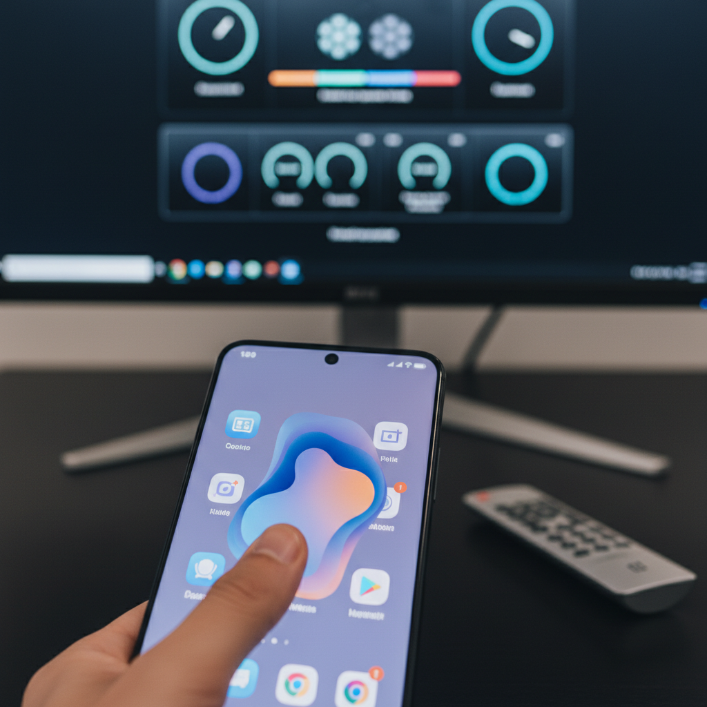 A OnePlus smartphone screen displaying fluid, elegant animations as a user swipes through apps. Subtle motion blur indicates smoothness. In the background, a desktop PC monitor with a remote control interface. Clean, modern aesthetic. No text.